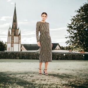 MAC DUGGAL 93590 dress plus jewel sequin formal cocktail midi black gold 14 NWT